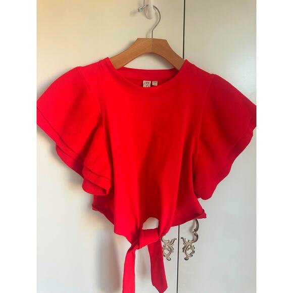 Womens Red Tops Size Small Ruffled Sleeves Cropped Front Tie Dolan Anthropologie - Picture 2 of 10